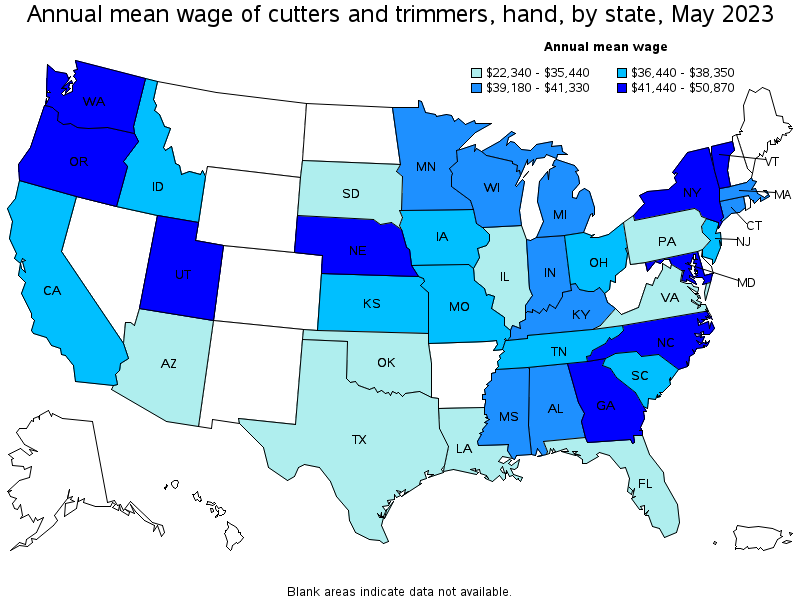 Map of annual mean wages of cutters and trimmers, hand by state, May 2023