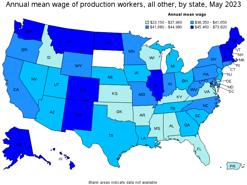 Map of annual mean wages of production workers, all other by state, May 2023