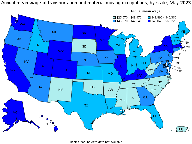 Map of annual mean wages of transportation and material moving occupations by state, May 2023