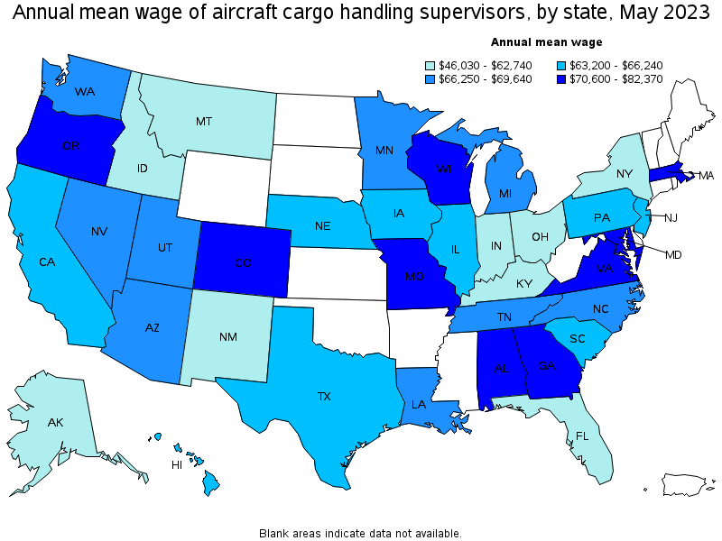 Map of annual mean wages of aircraft cargo handling supervisors by state, May 2023