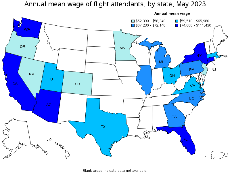 Map of annual mean wages of flight attendants by state, May 2023