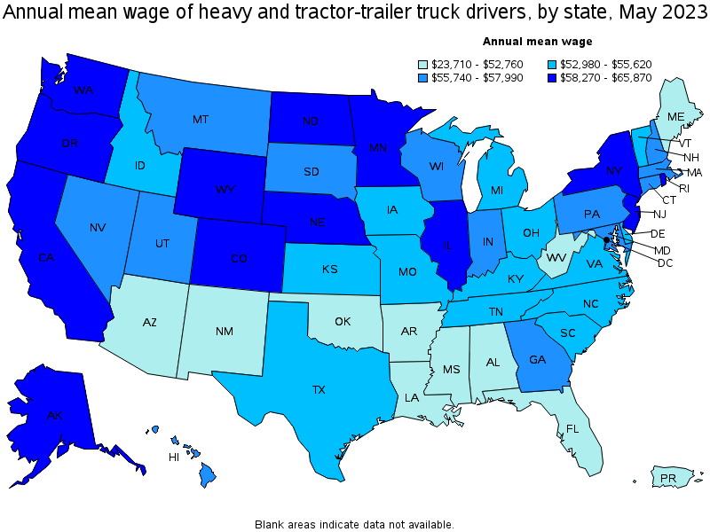 Map of annual mean wages of heavy and tractor-trailer truck drivers by state, May 2023