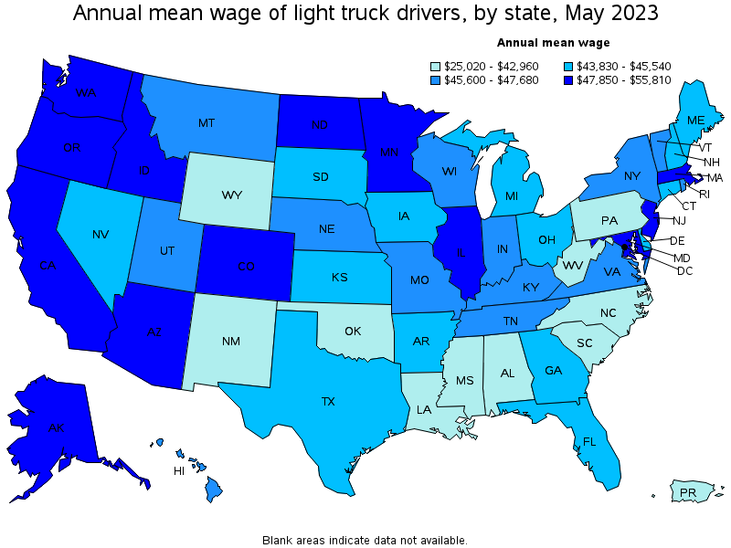 Map of annual mean wages of light truck drivers by state, May 2023