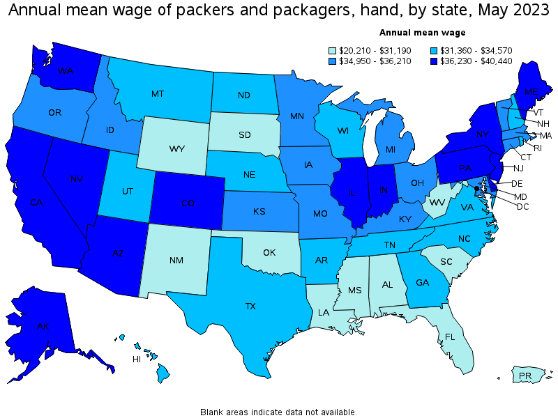 Map of annual mean wages of packers and packagers, hand by state, May 2023