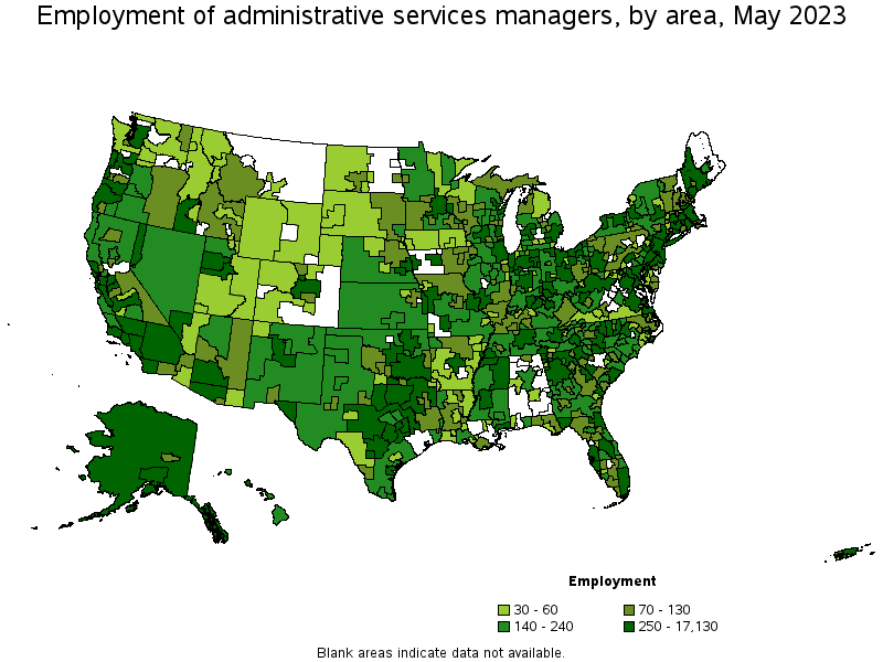 Map of employment of administrative services managers by area, May 2023