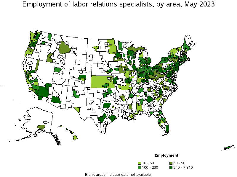 Map of employment of labor relations specialists by area, May 2023