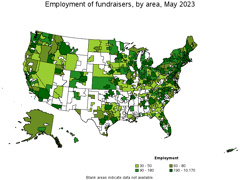 Map of employment of fundraisers by area, May 2023