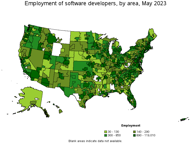 Map of employment of software developers by area, May 2023