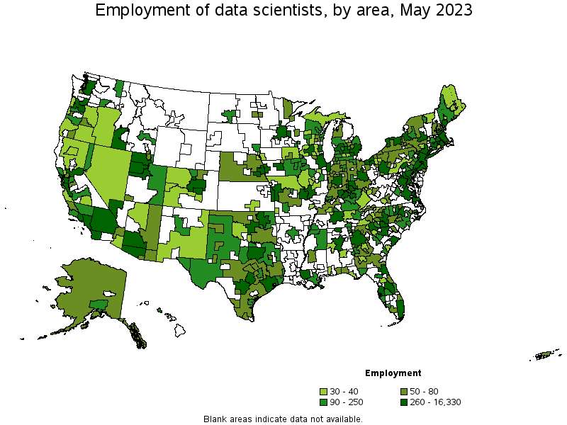 Map of employment of data scientists by area, May 2023