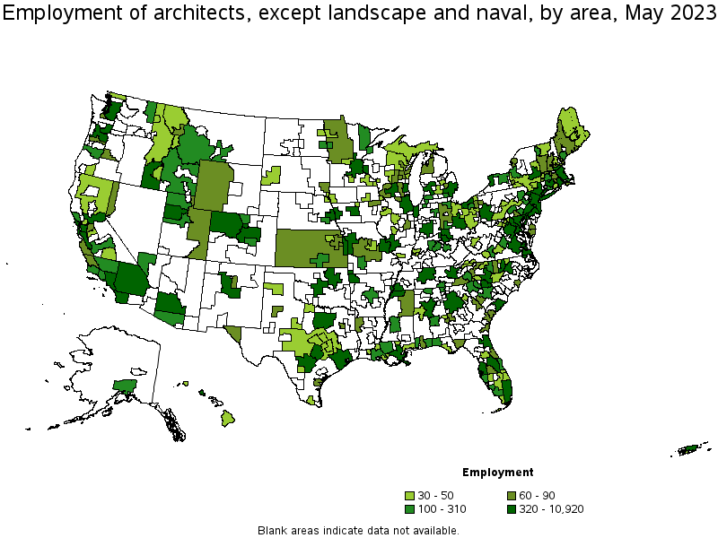 Map of employment of architects, except landscape and naval by area, May 2023