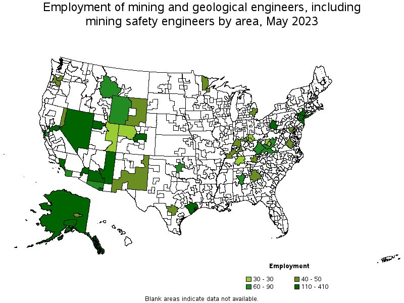 Map of employment of mining and geological engineers, including mining safety engineers by area, May 2023