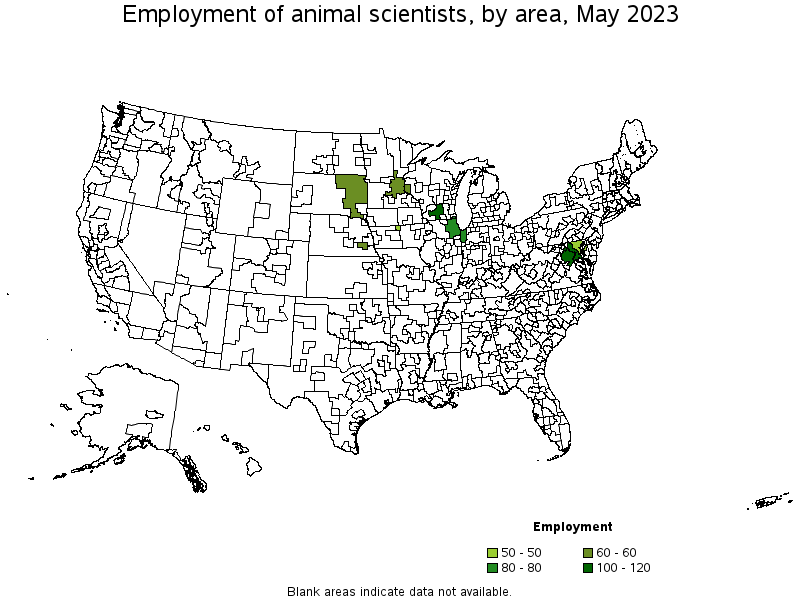 Map of employment of animal scientists by area, May 2023