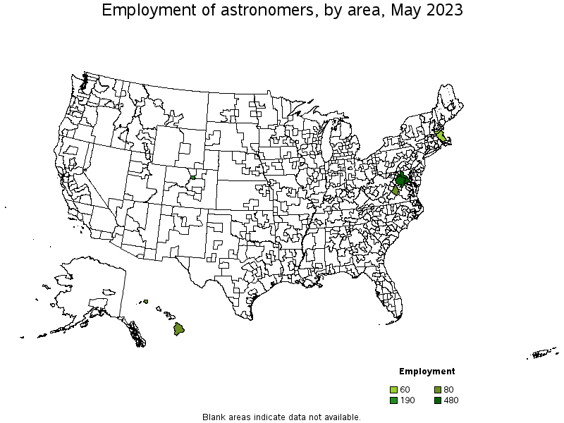 Map of employment of astronomers by area, May 2023