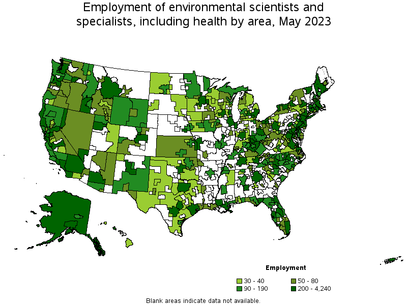 Map of employment of environmental scientists and specialists, including health by area, May 2023