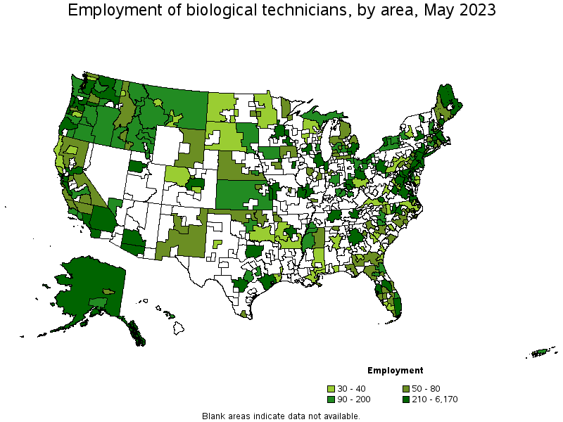 Map of employment of biological technicians by area, May 2023
