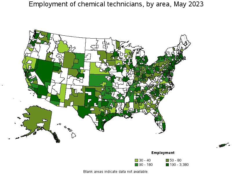 Map of employment of chemical technicians by area, May 2023