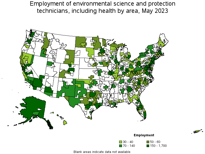 Map of employment of environmental science and protection technicians, including health by area, May 2023