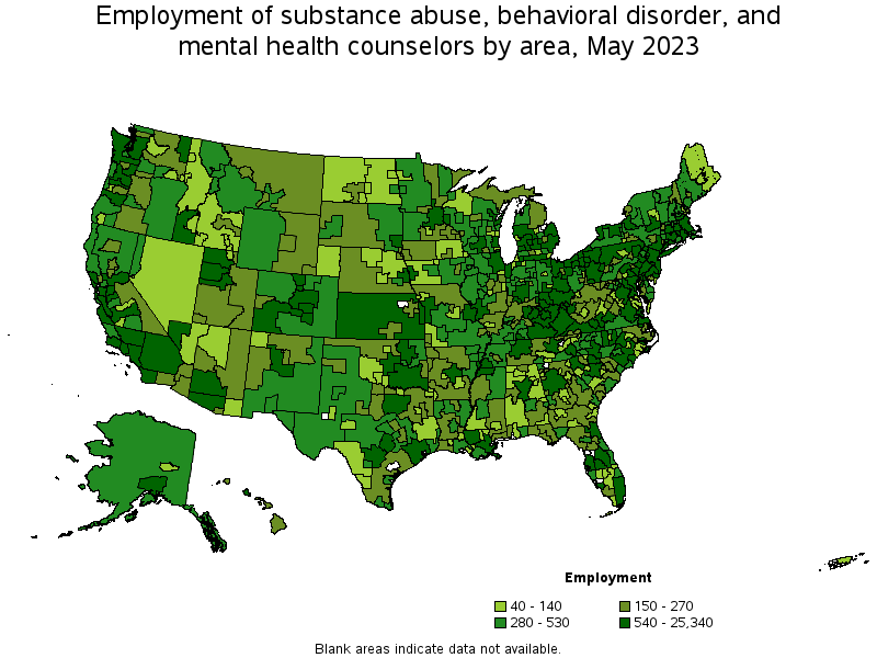 Map of employment of substance abuse, behavioral disorder, and mental health counselors by area, May 2023