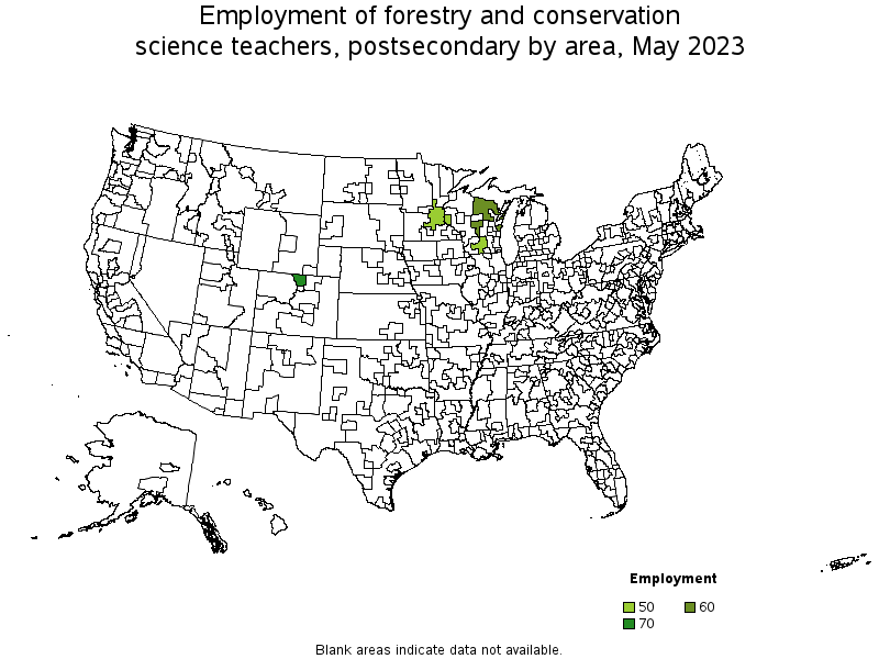 Map of employment of forestry and conservation science teachers, postsecondary by area, May 2023