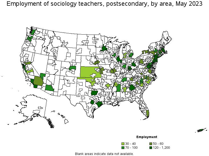 Map of employment of sociology teachers, postsecondary by area, May 2023