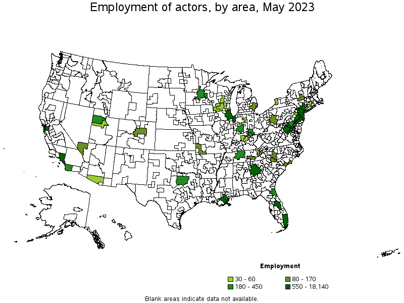 Map of employment of actors by area, May 2023