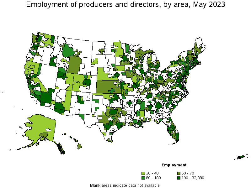 Map of employment of producers and directors by area, May 2023