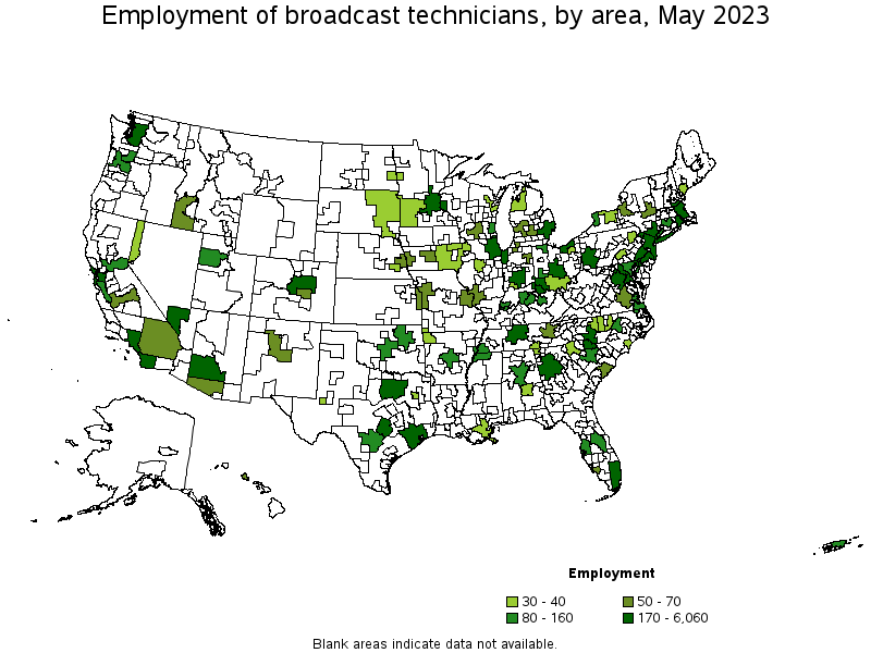 Map of employment of broadcast technicians by area, May 2023