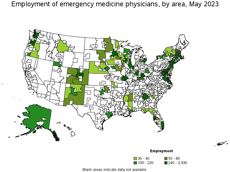 Map of employment of emergency medicine physicians by area, May 2023