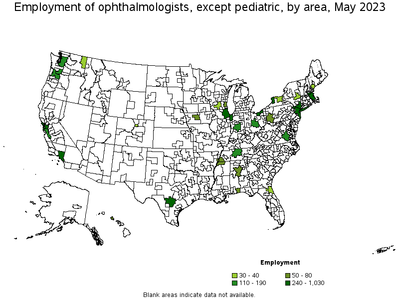 Map of employment of ophthalmologists, except pediatric by area, May 2023