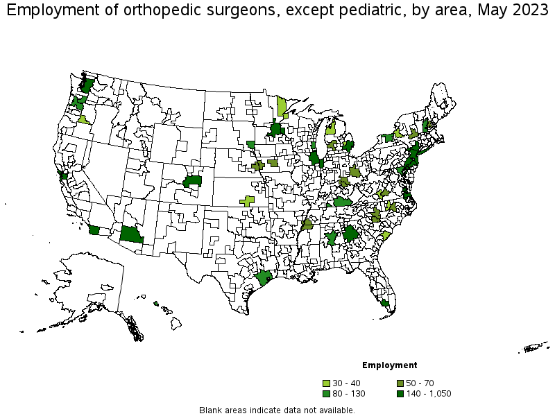 Map of employment of orthopedic surgeons, except pediatric by area, May 2023