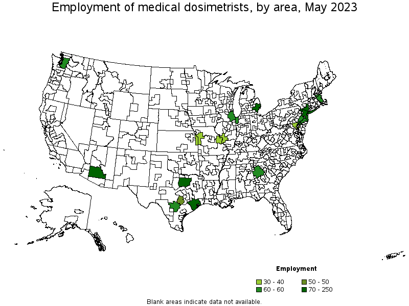 Map of employment of medical dosimetrists by area, May 2023
