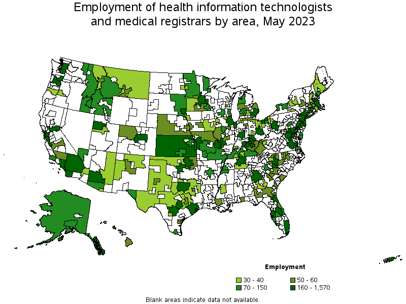 Map of employment of health information technologists and medical registrars by area, May 2023