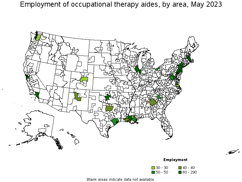 Map of employment of occupational therapy aides by area, May 2023