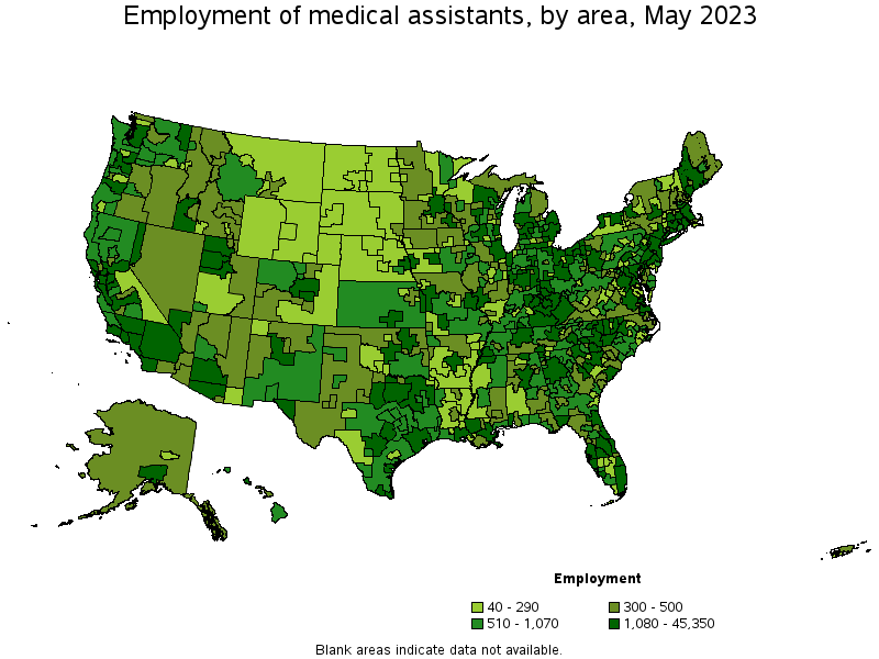 Map of employment of medical assistants by area, May 2023