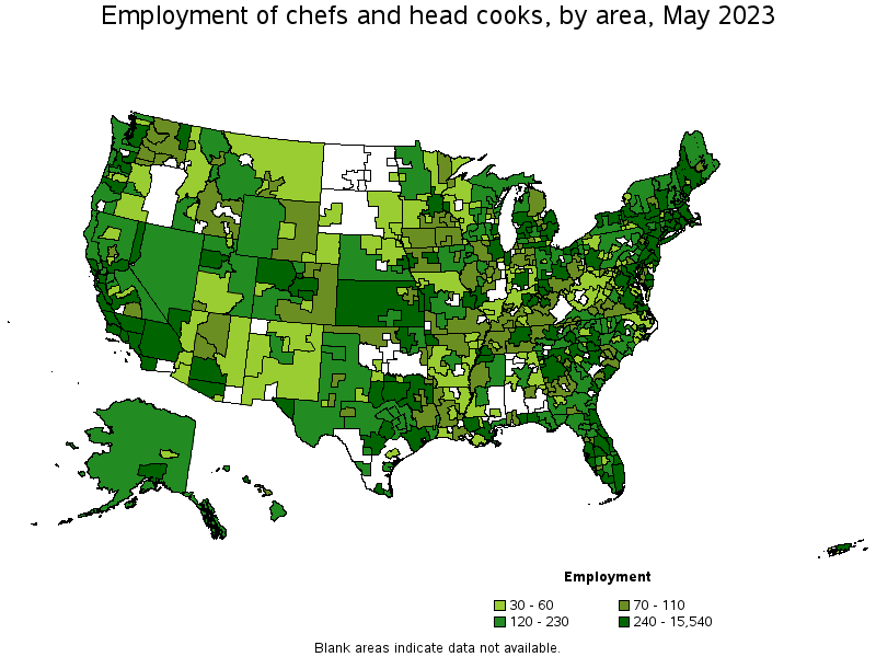 Map of employment of chefs and head cooks by area, May 2023