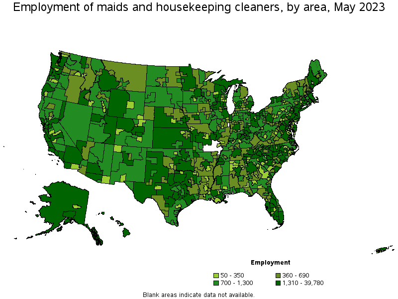 Map of employment of maids and housekeeping cleaners by area, May 2023