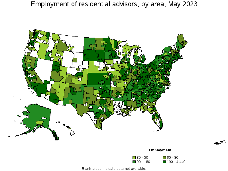 Map of employment of residential advisors by area, May 2023
