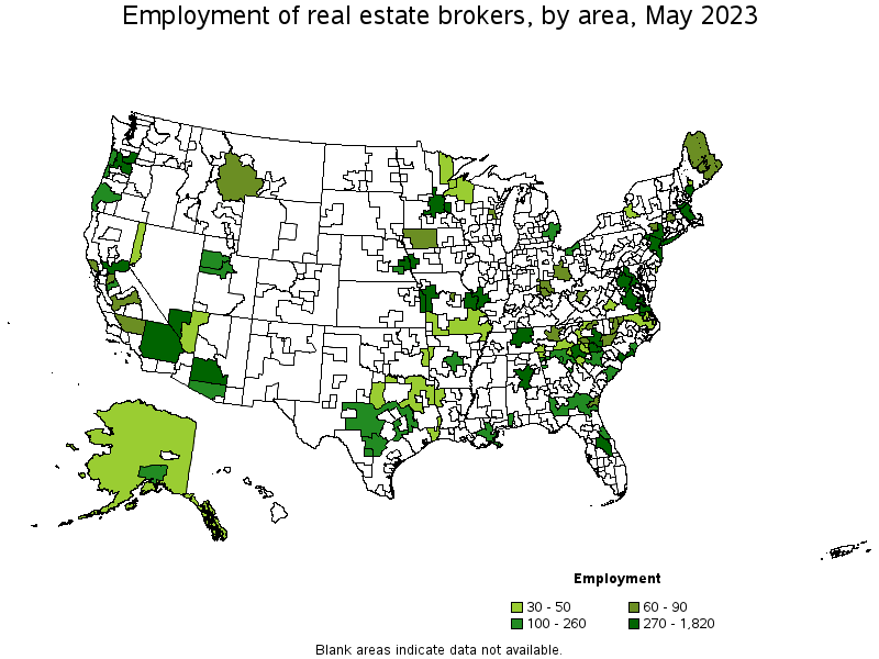 Map of employment of real estate brokers by area, May 2023