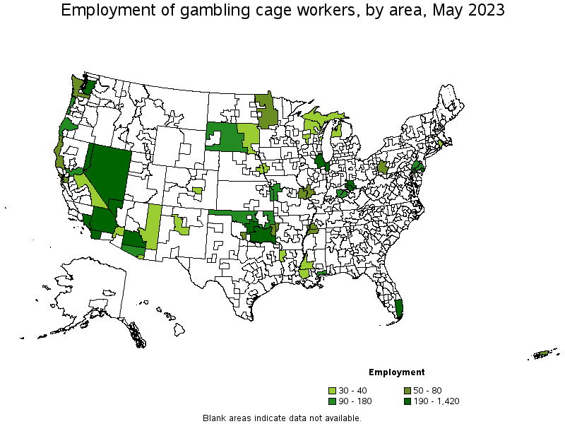 Map of employment of gambling cage workers by area, May 2023