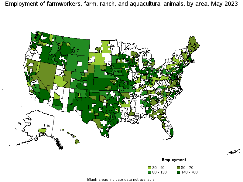 Map of employment of farmworkers, farm, ranch, and aquacultural animals by area, May 2023