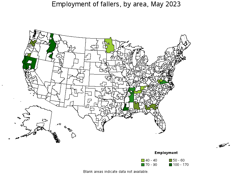 Map of employment of fallers by area, May 2023