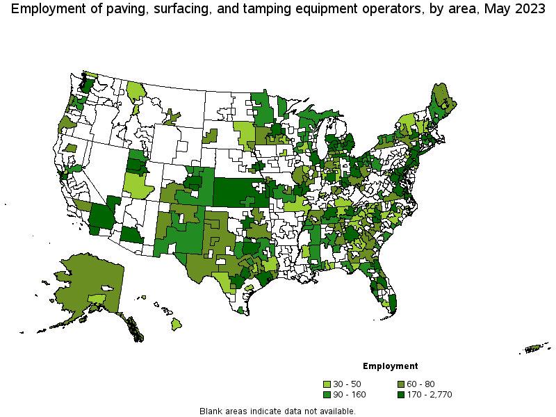 Map of employment of paving, surfacing, and tamping equipment operators by area, May 2023