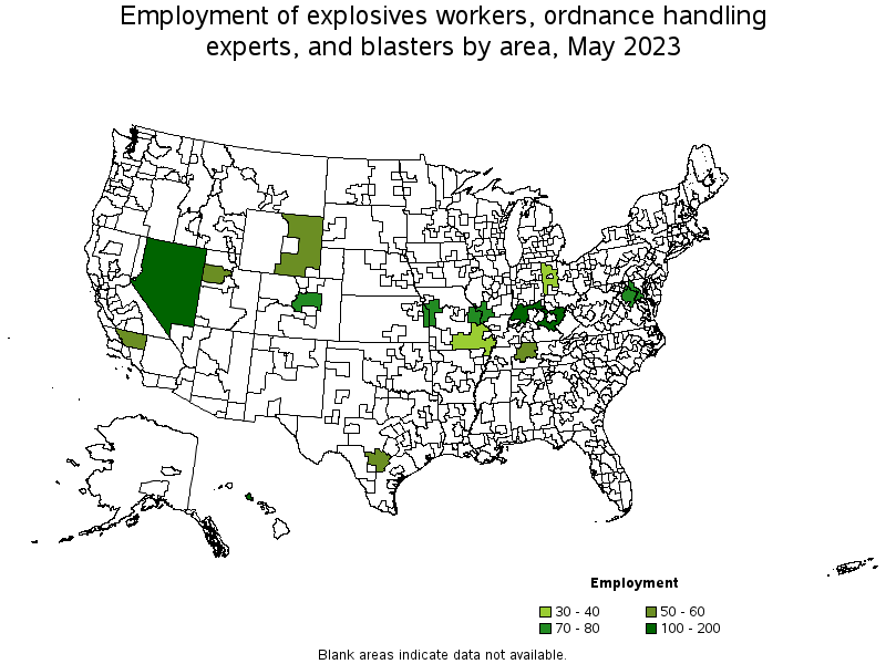 Map of employment of explosives workers, ordnance handling experts, and blasters by area, May 2023