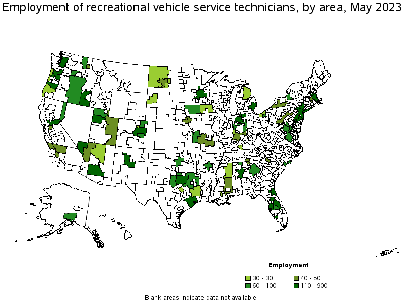 Map of employment of recreational vehicle service technicians by area, May 2023
