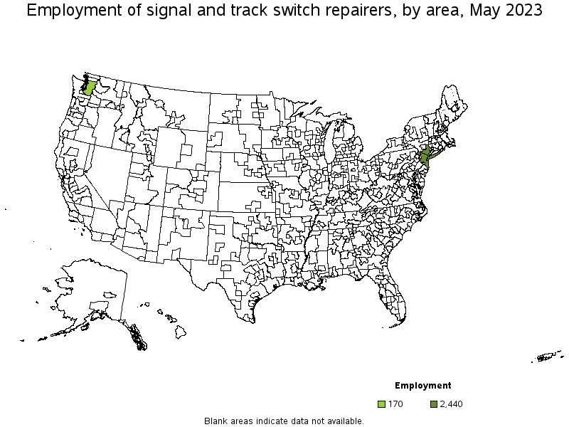 Map of employment of signal and track switch repairers by area, May 2023