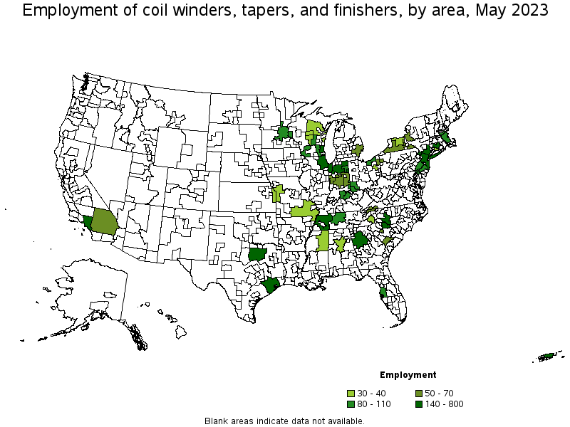 Map of employment of coil winders, tapers, and finishers by area, May 2023