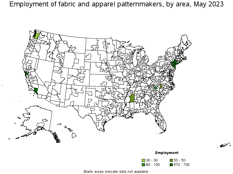 Map of employment of fabric and apparel patternmakers by area, May 2023