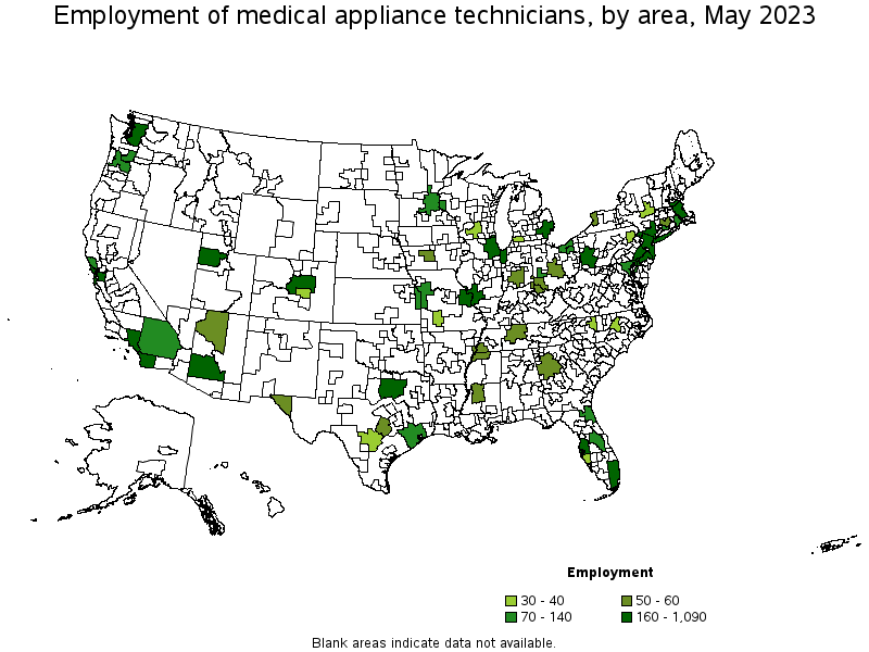 Map of employment of medical appliance technicians by area, May 2023