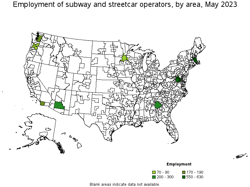 Map of employment of subway and streetcar operators by area, May 2023