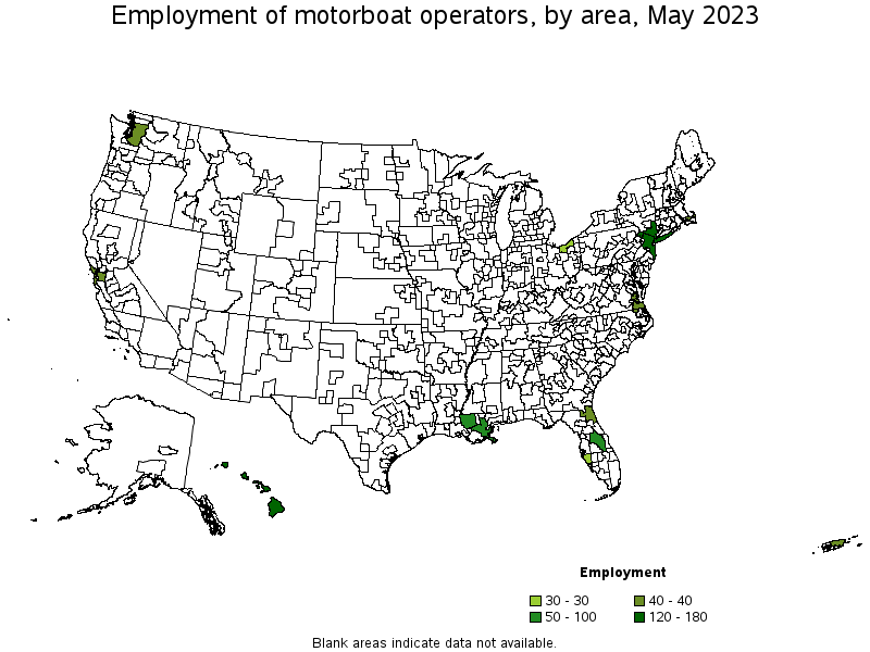 Map of employment of motorboat operators by area, May 2023